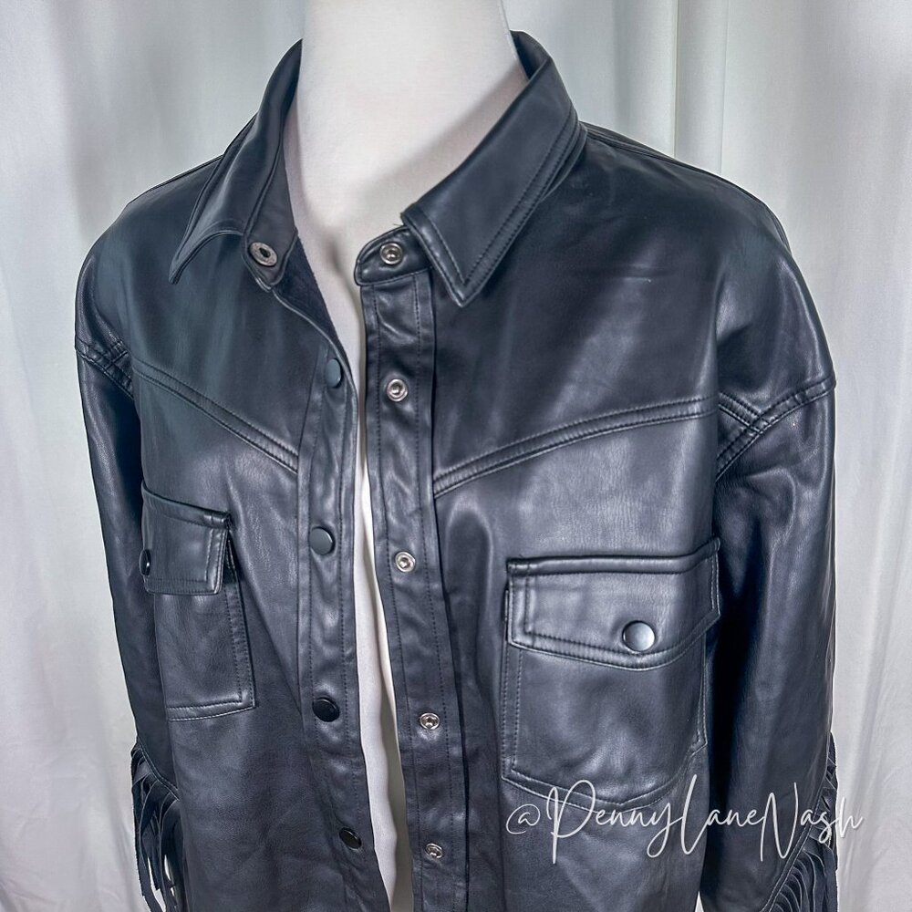 Olivacious Faux Leather Fringe Jacket Black Size Large - Picture 9 of 9